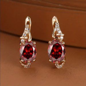 14K Gold Hanging Drop 2ct Red Ruby Gemstone 1ct Diamond Earrings Jewelry 14 K